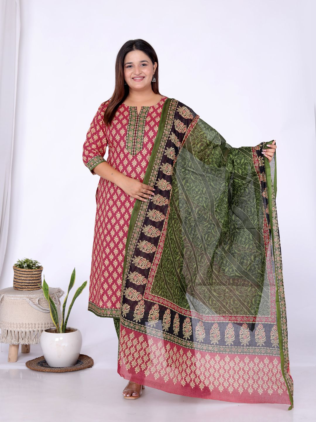 Red Kurta, Trouser/Pant & Dupatta Set | Printed