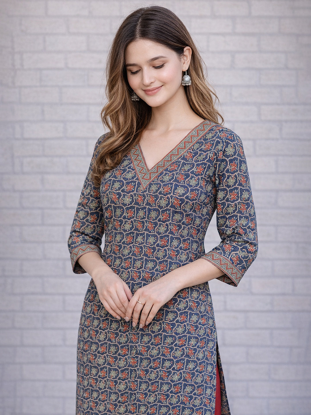 Blue Floral Printed Cotton Kurta