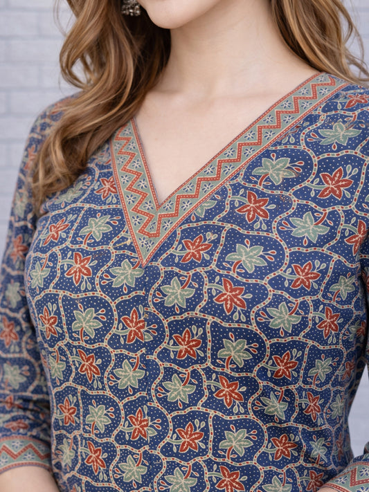 Blue Floral Printed Cotton Kurta