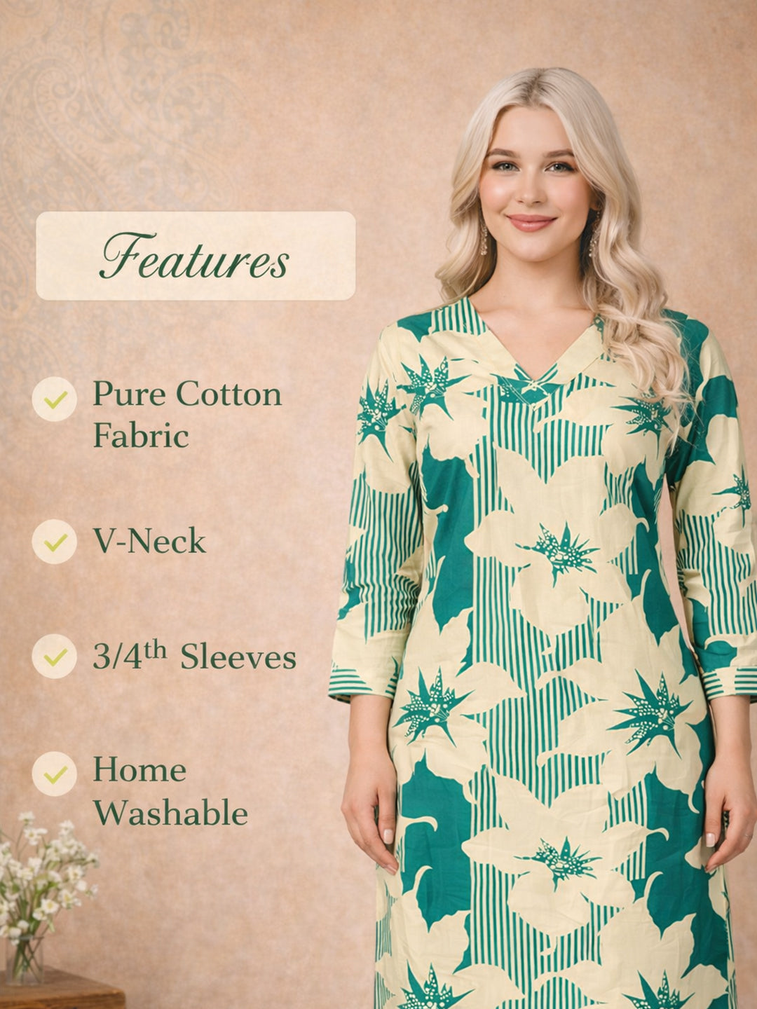 Green Leaf Printed Cotton Kurta