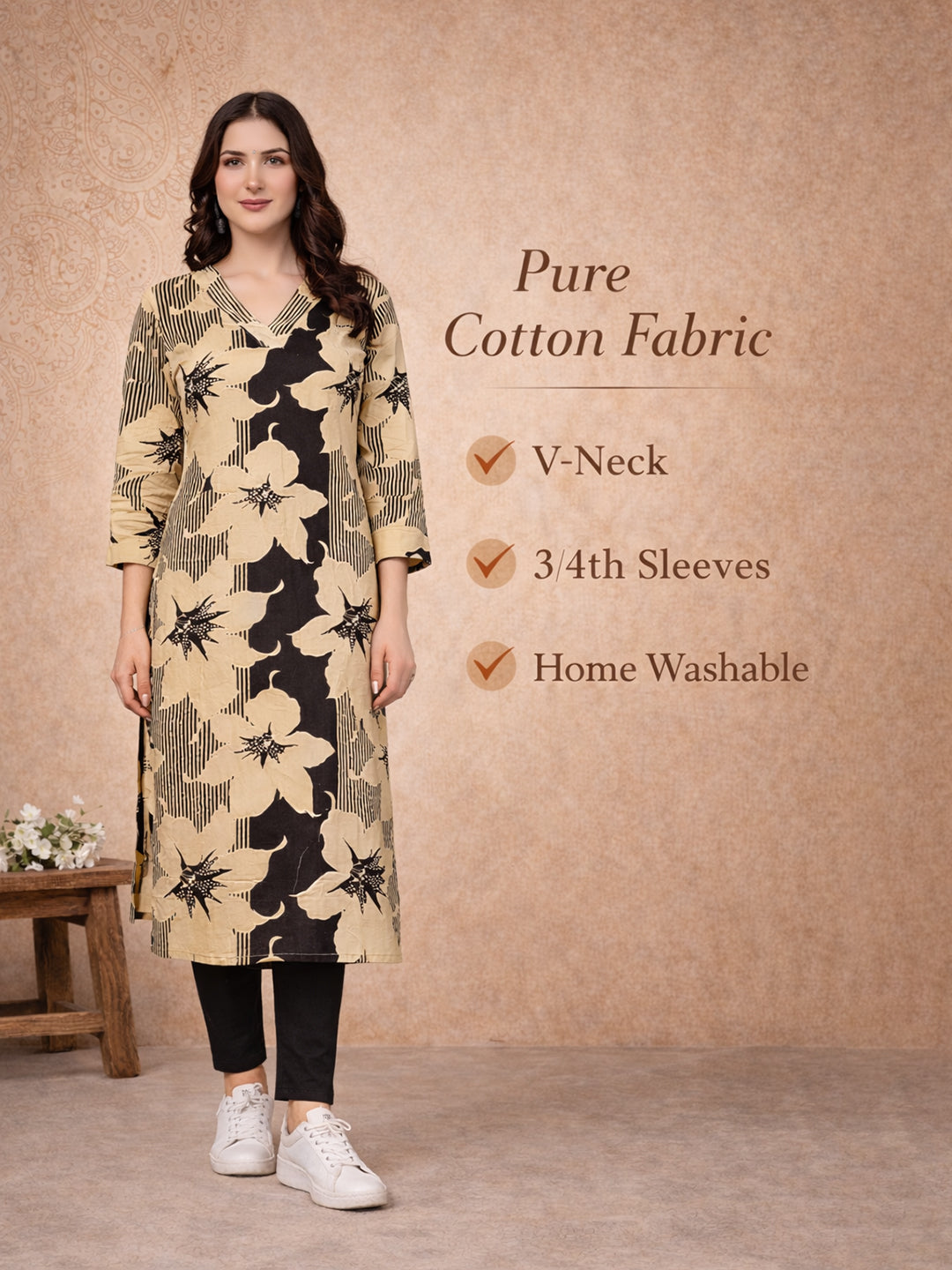 Black Floral Printed Cotton Kurta