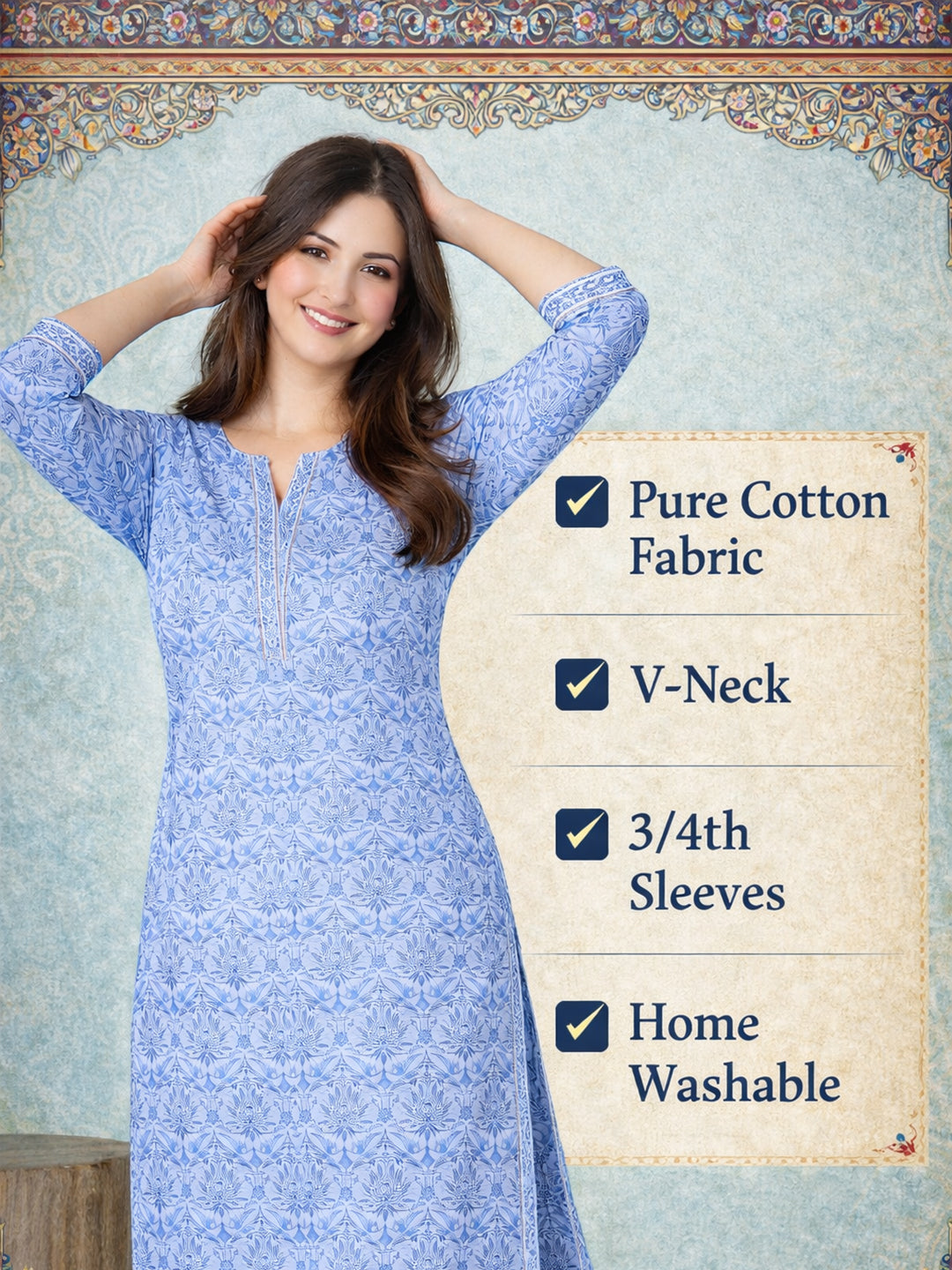 Blue Straight Printed Cotton Kurta