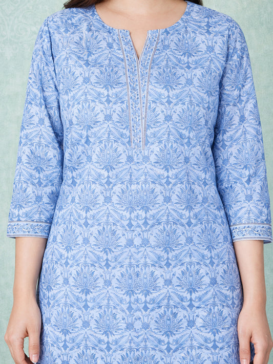 Blue Straight Printed Cotton Kurta