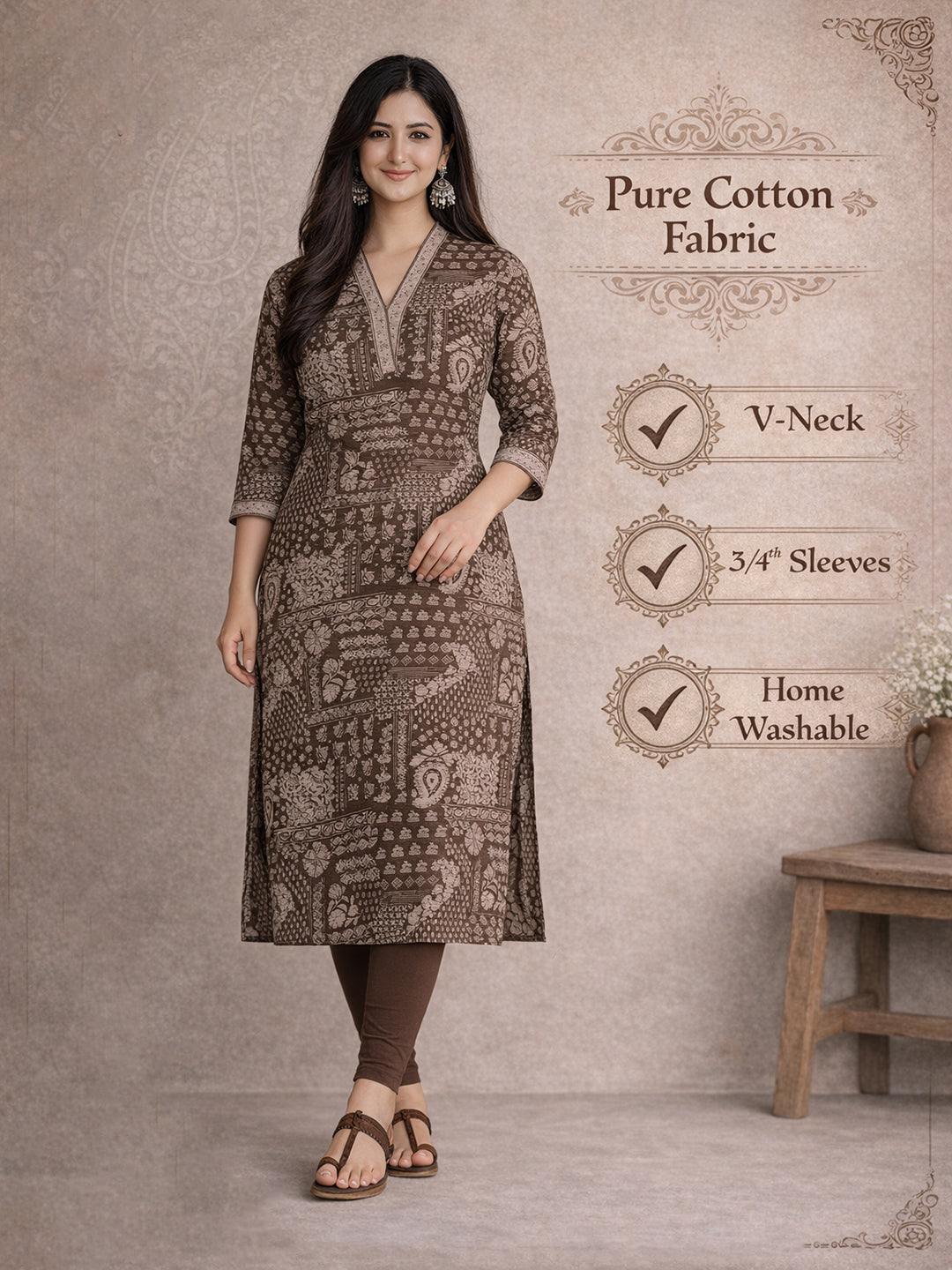 Brown Ethnic Printed Cotton Kurta