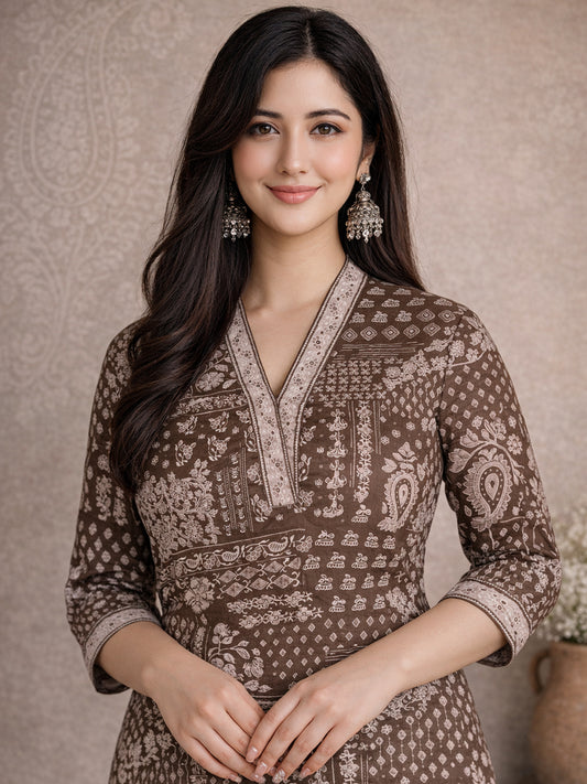 Brown Ethnic Printed Cotton Kurta