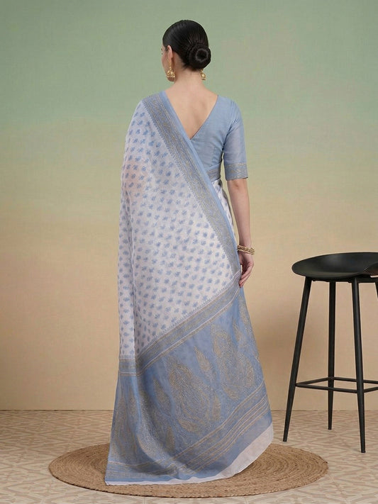 Blue Floral Print Pure Cotton Saree | No Blouse Piece