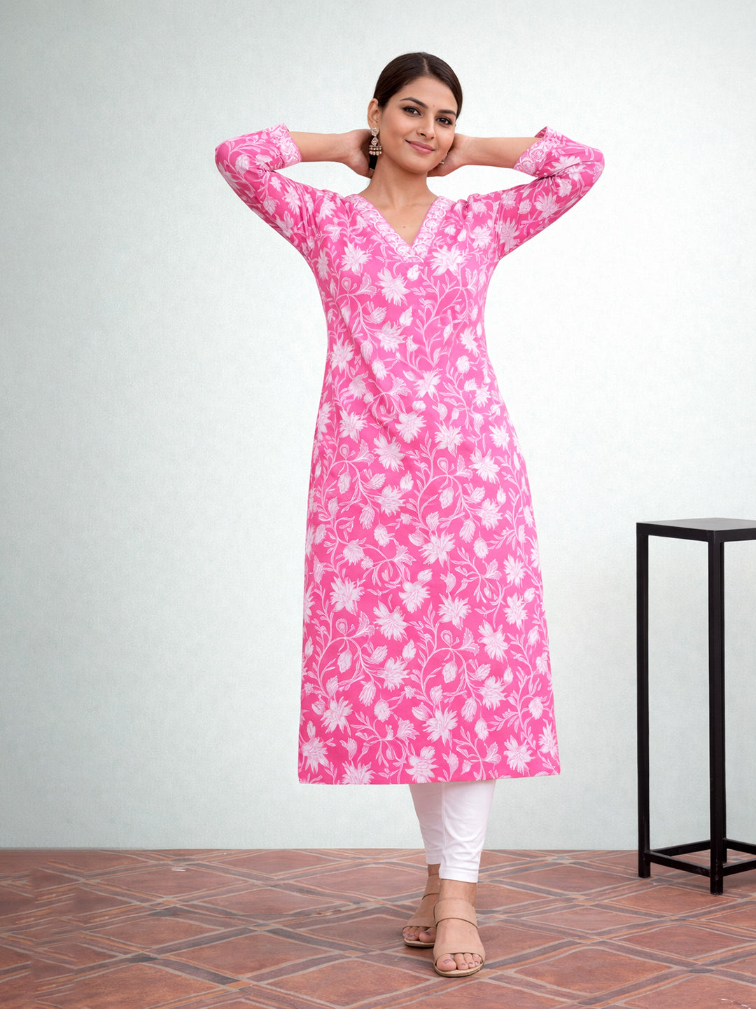 Pink Cotton Printed Kurti for Women