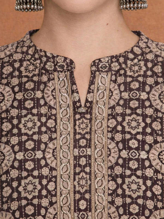 Brown Cotton Printed Kurti for Women