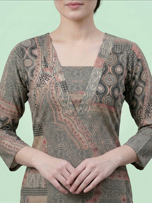 Grey Cotton Printed Kurti for Women