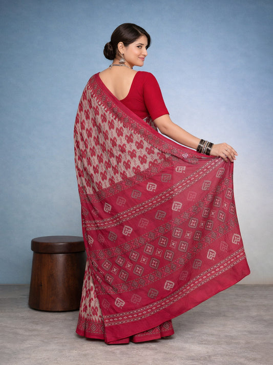 Red Block Print Pure Cotton Saree | No Blouse Piece