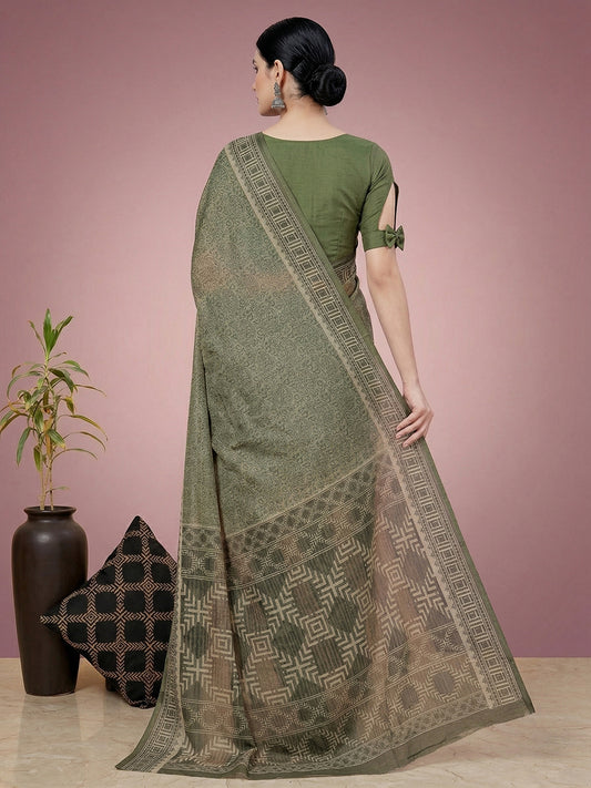 Green Paisley Print Pure Cotton Saree | No Blouse Piece