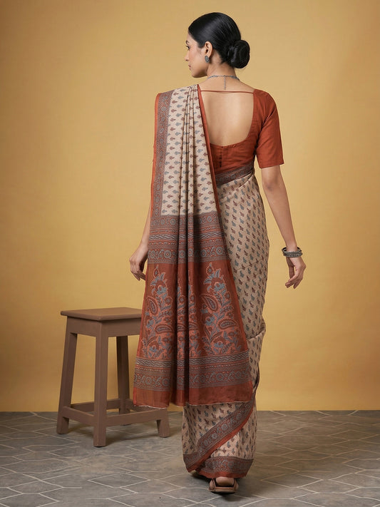 Beige Ethnic Motifs Print Pure Cotton Saree | No Blouse Piece