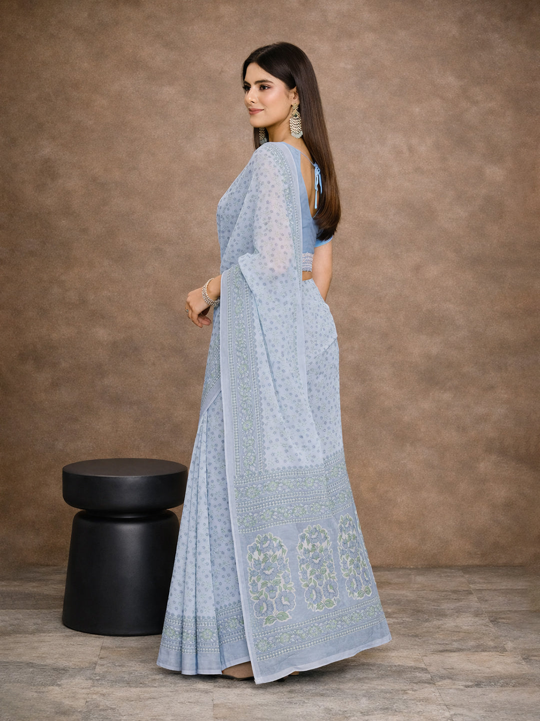 Grey Floral Print Pure Cotton Saree | No Blouse Piece