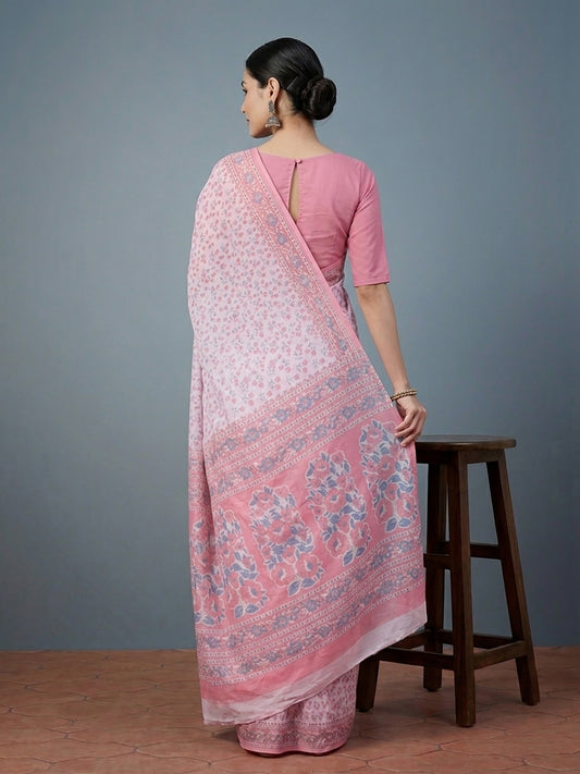 Pink Floral Print Pure Cotton Saree | No Blouse Piece