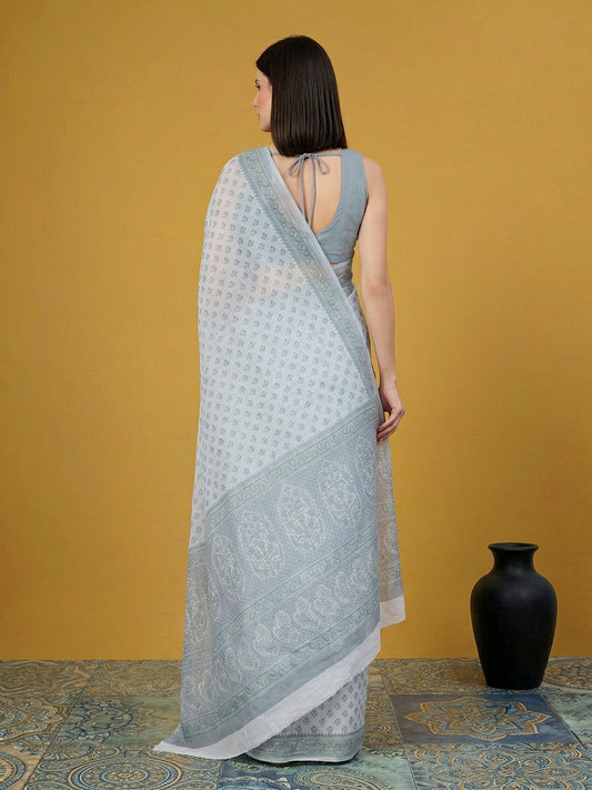 Grey Floral Print Pure Cotton Saree | No Blouse Piece