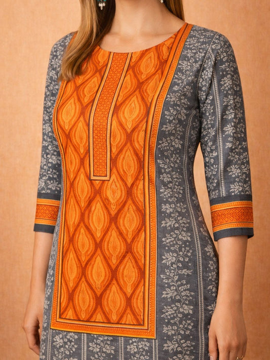 Orange Block Print Cotton Kurta