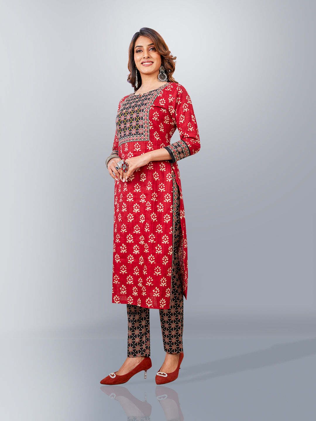 Red Kurta, Salwar & Dupatta Set | Printed & Embellished