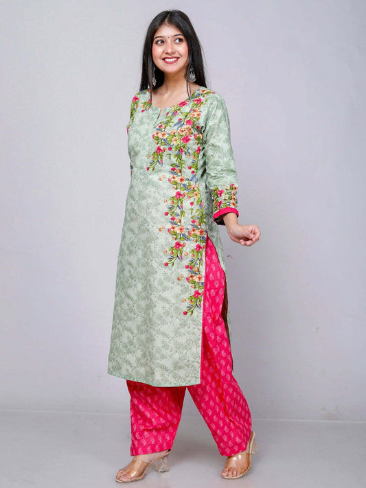 Olive Kurta, Patiala & Dupatta Set | Floral Print