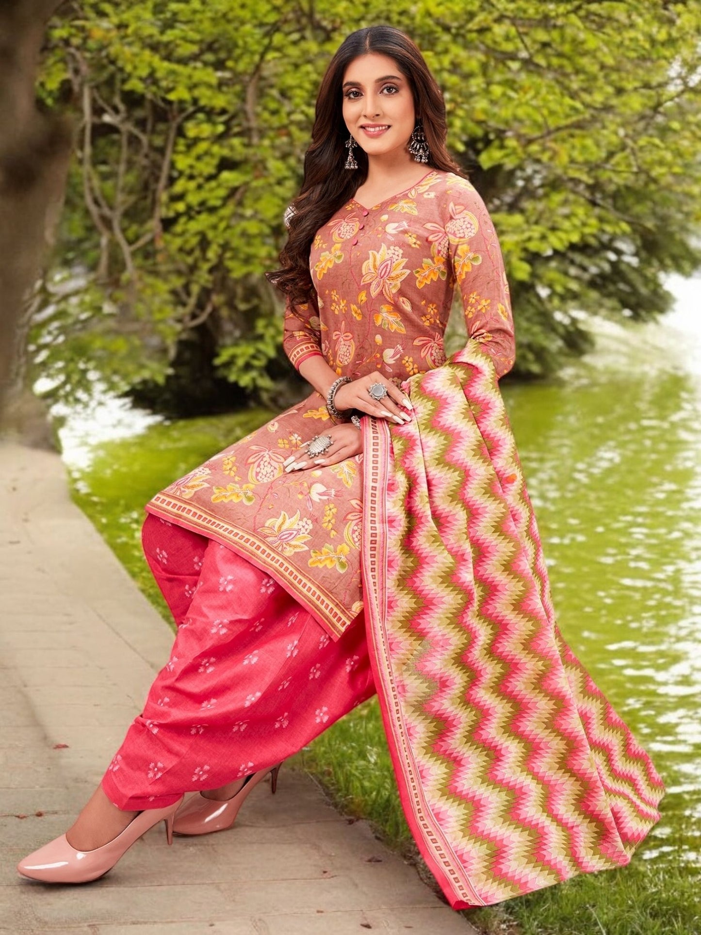 Brown Kurta, Patiala & Dupatta Set | Floral Print