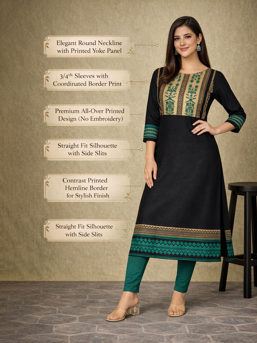 Black Block Print Cotton Kurta