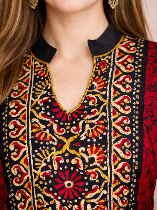 Red Block Print Cotton Kurta