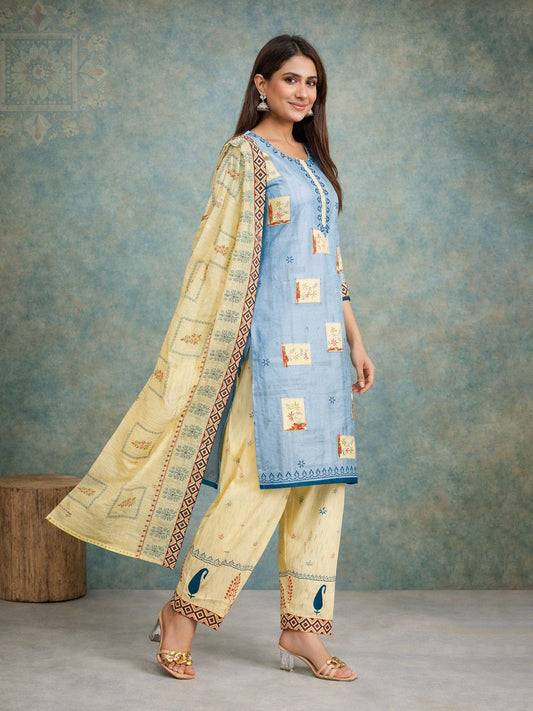 Grey Kurta, Patiala & Dupatta Set | Geometric Print
