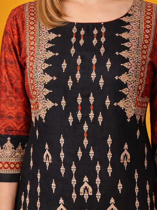 Black Block Print Cotton Kurta