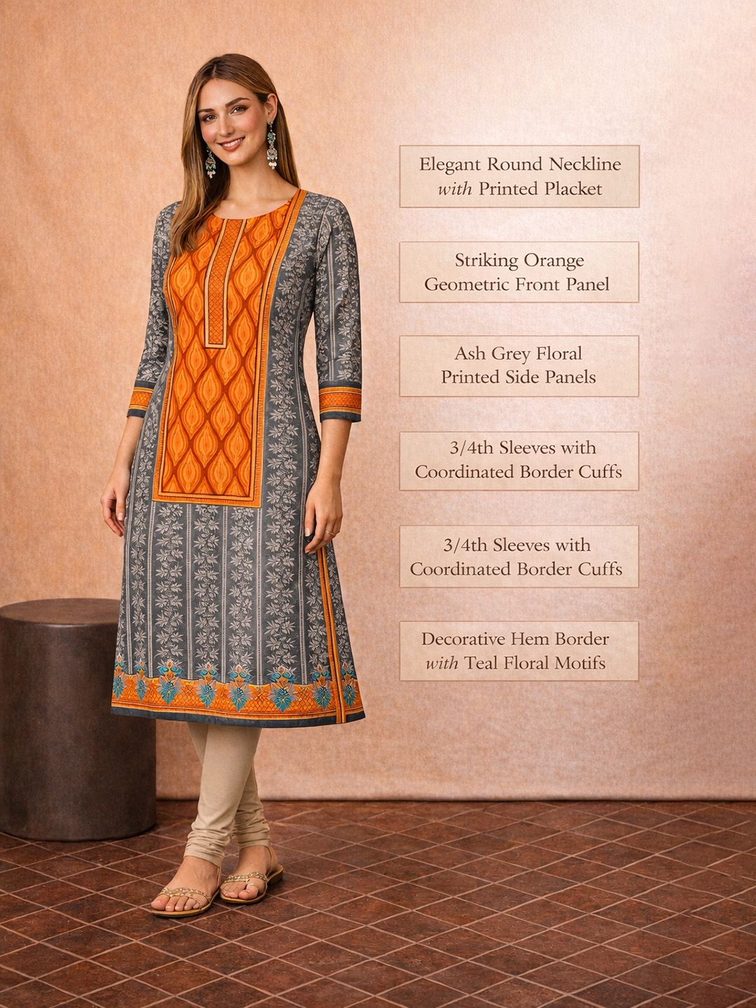 Orange Block Print Cotton Kurta