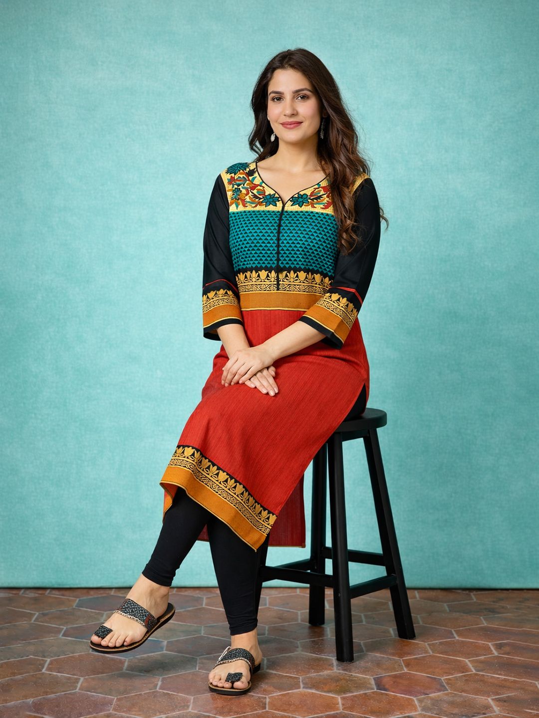 Red Block Print Cotton Kurta