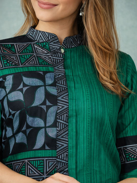 Green Geometric Print Cotton Kurta