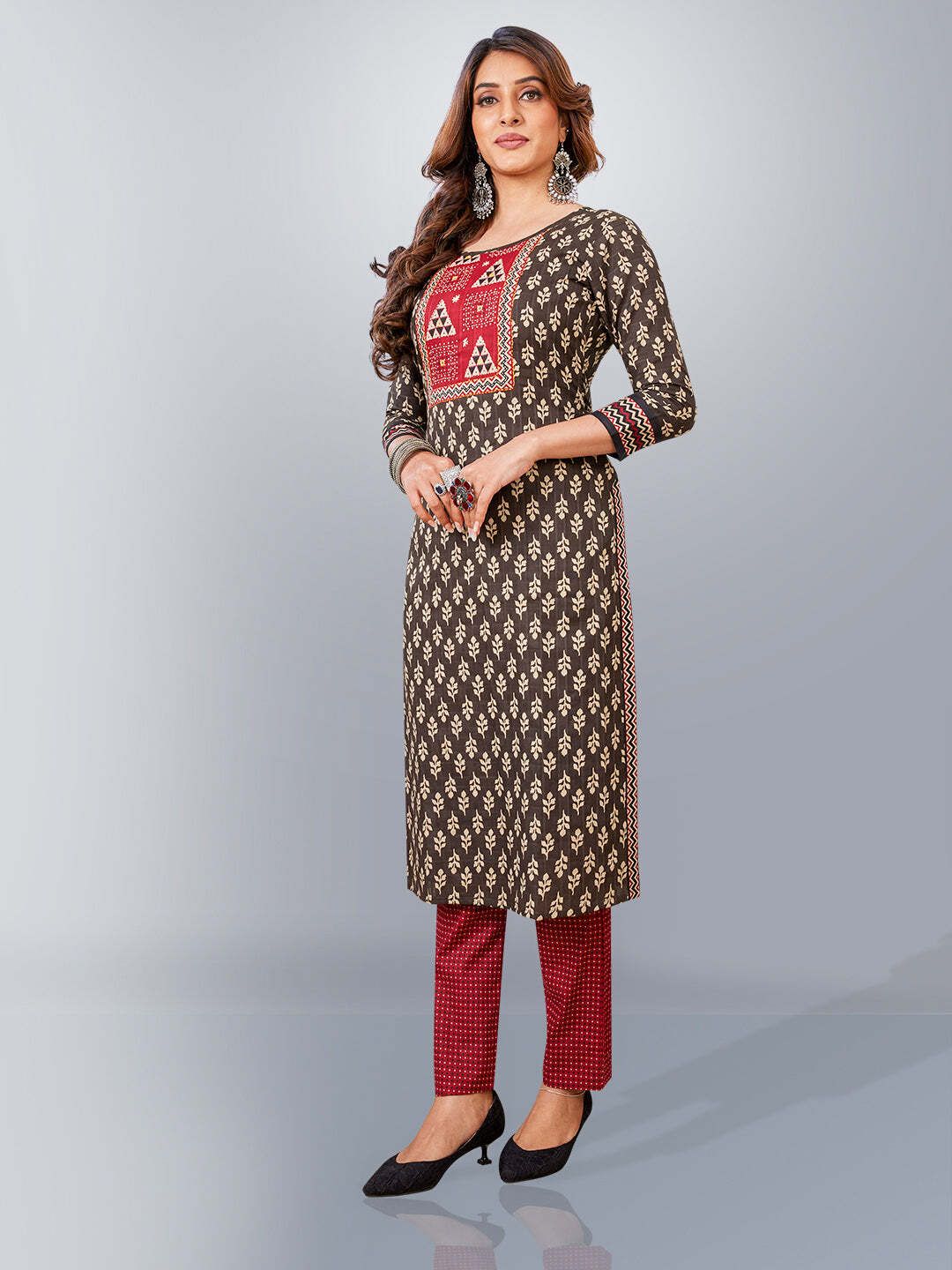 Brown Kurta, Salwar & Dupatta Set | Printed & Embellished