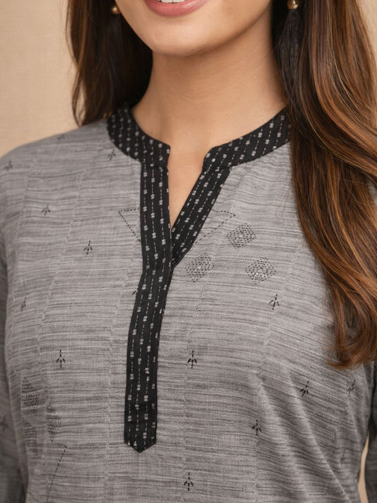 Grey Self Design Cotton Kurta