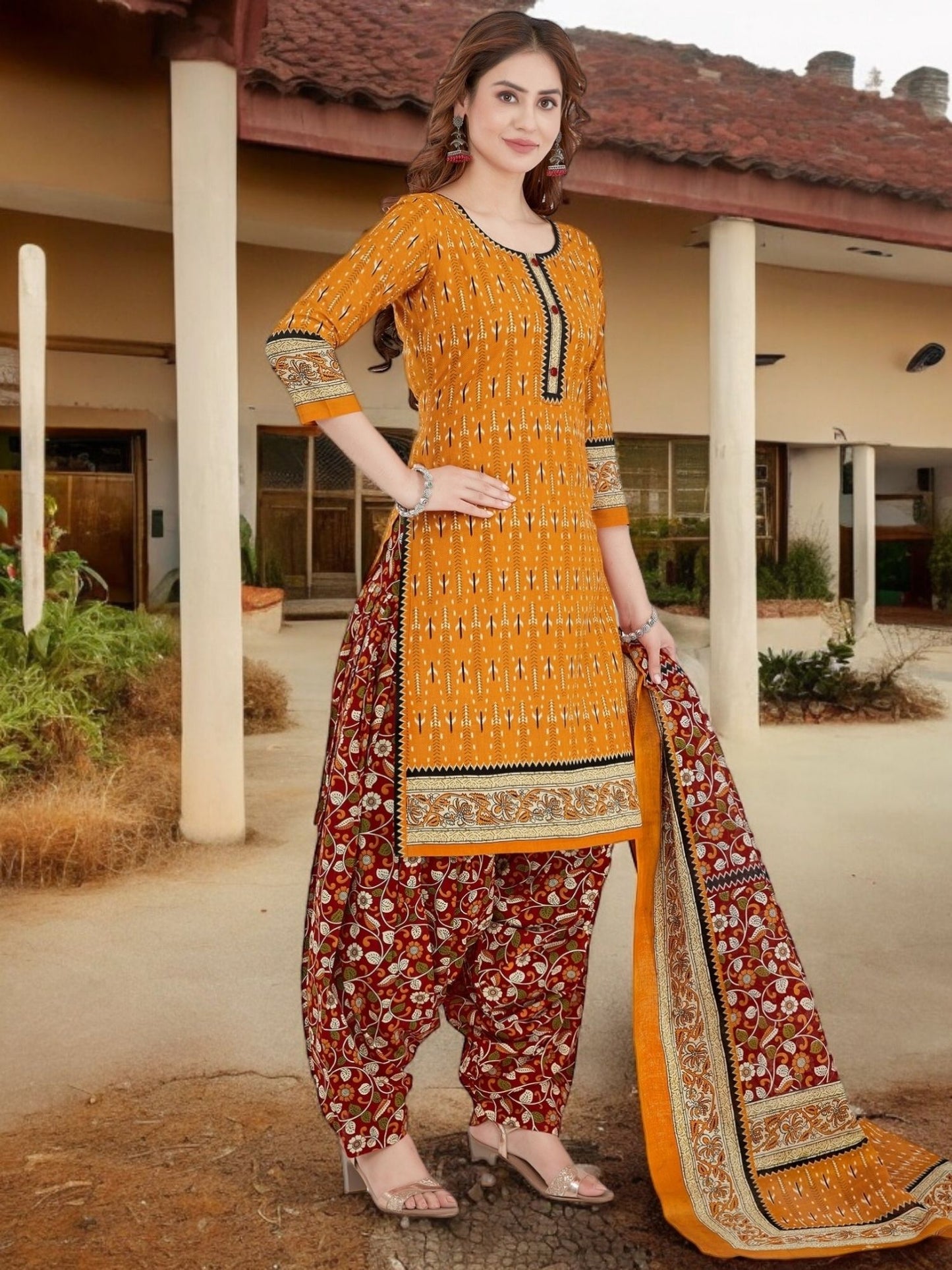 Orange Kurta, Patiala & Dupatta Set | Printed