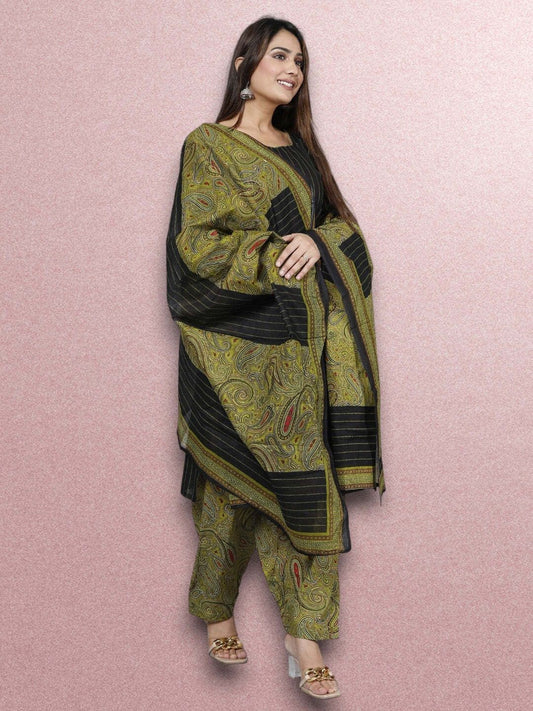 Brown Kurta, Patiala & Dupatta Set | Striped