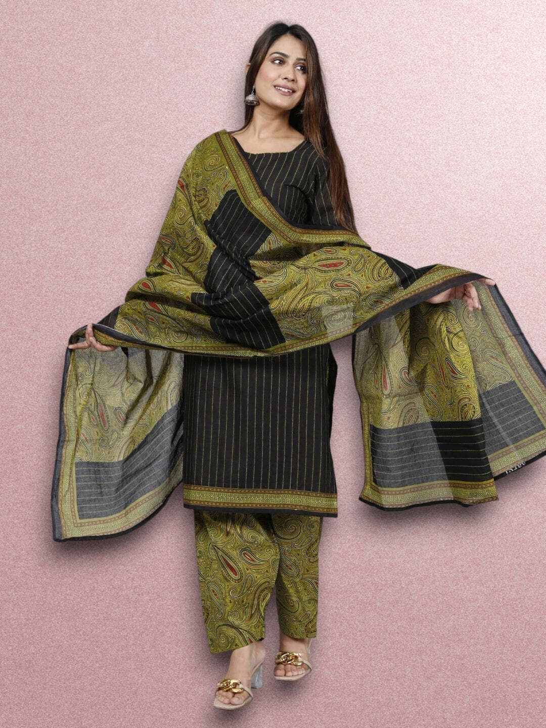 Brown Kurta, Patiala & Dupatta Set | Striped