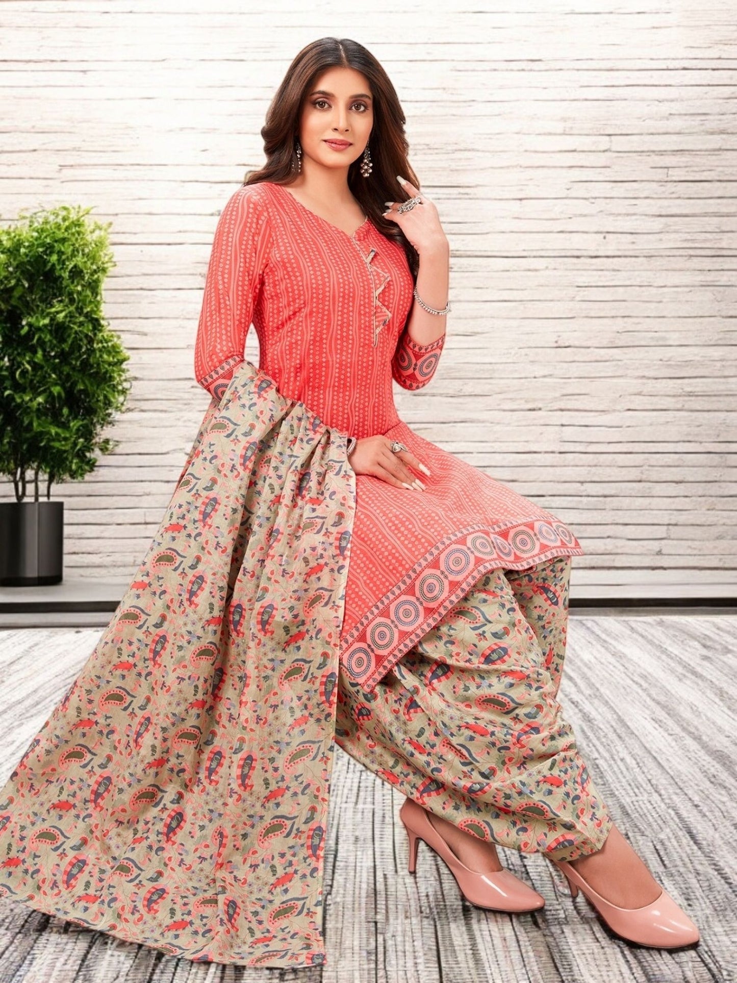 Red Kurta, Patiala & Dupatta Set | Self Design