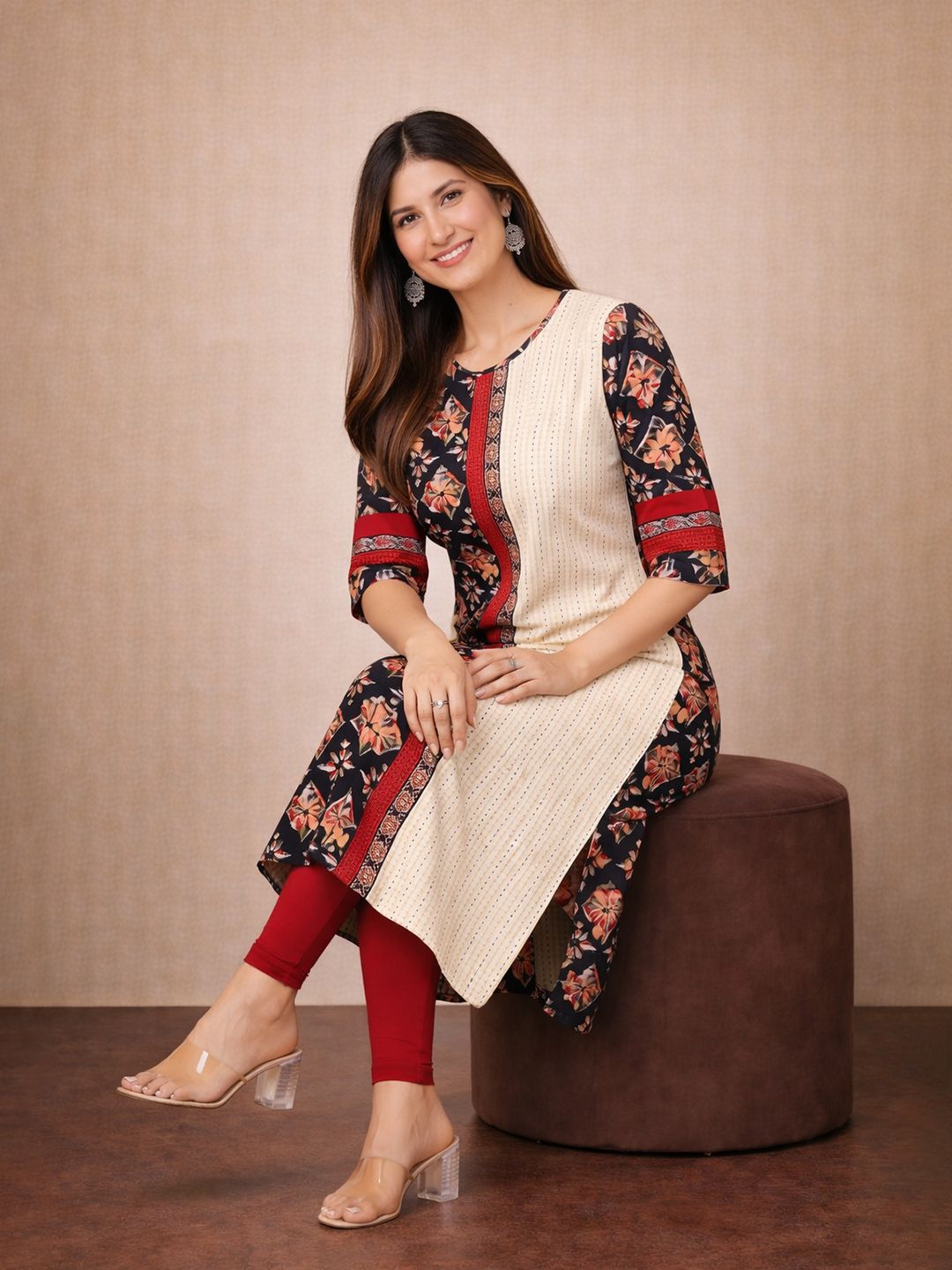 Beige Floral Print Cotton Kurta