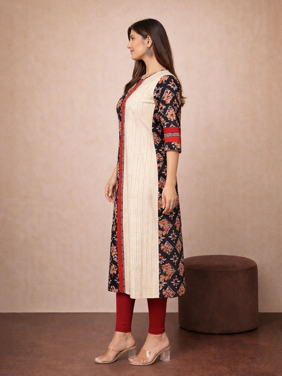 Beige Floral Print Cotton Kurta