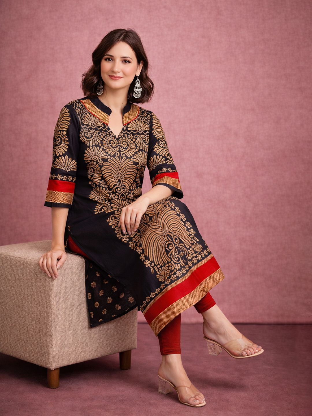 Black Block Print Cotton Kurta