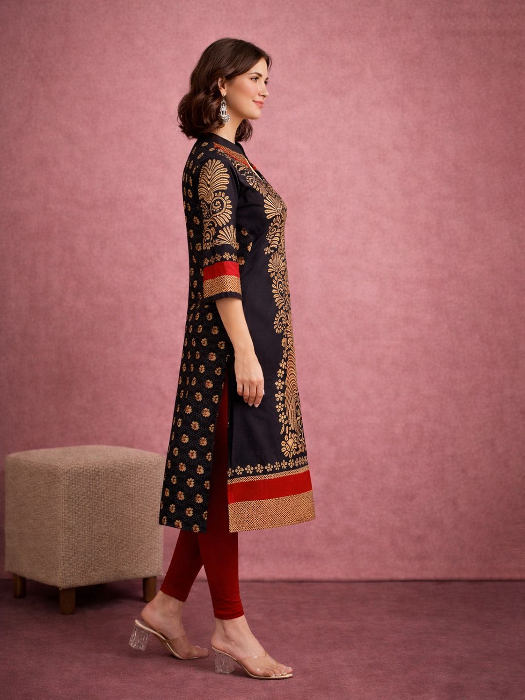 Black Block Print Cotton Kurta