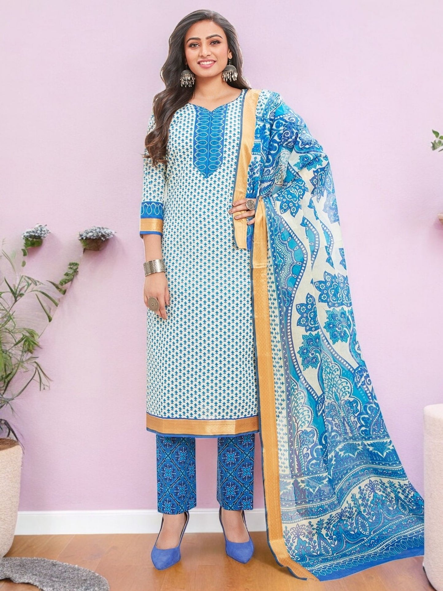 White Kurta, Salwar & Dupatta Set | Printed
