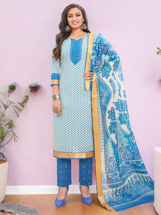White Kurta, Salwar & Dupatta Set | Printed