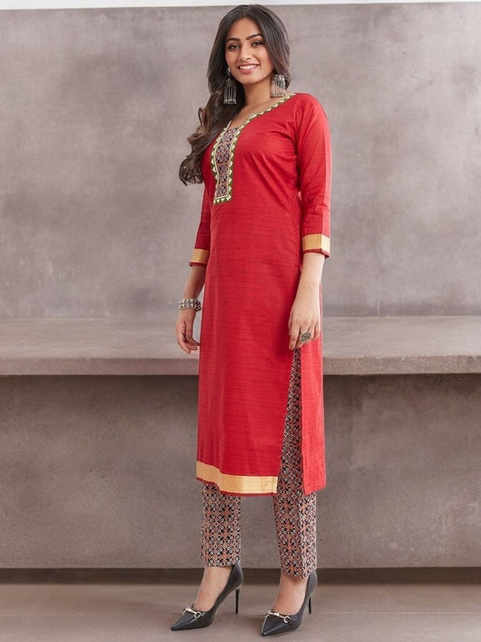 Red Kurta, Salwar & Dupatta Set | Printed