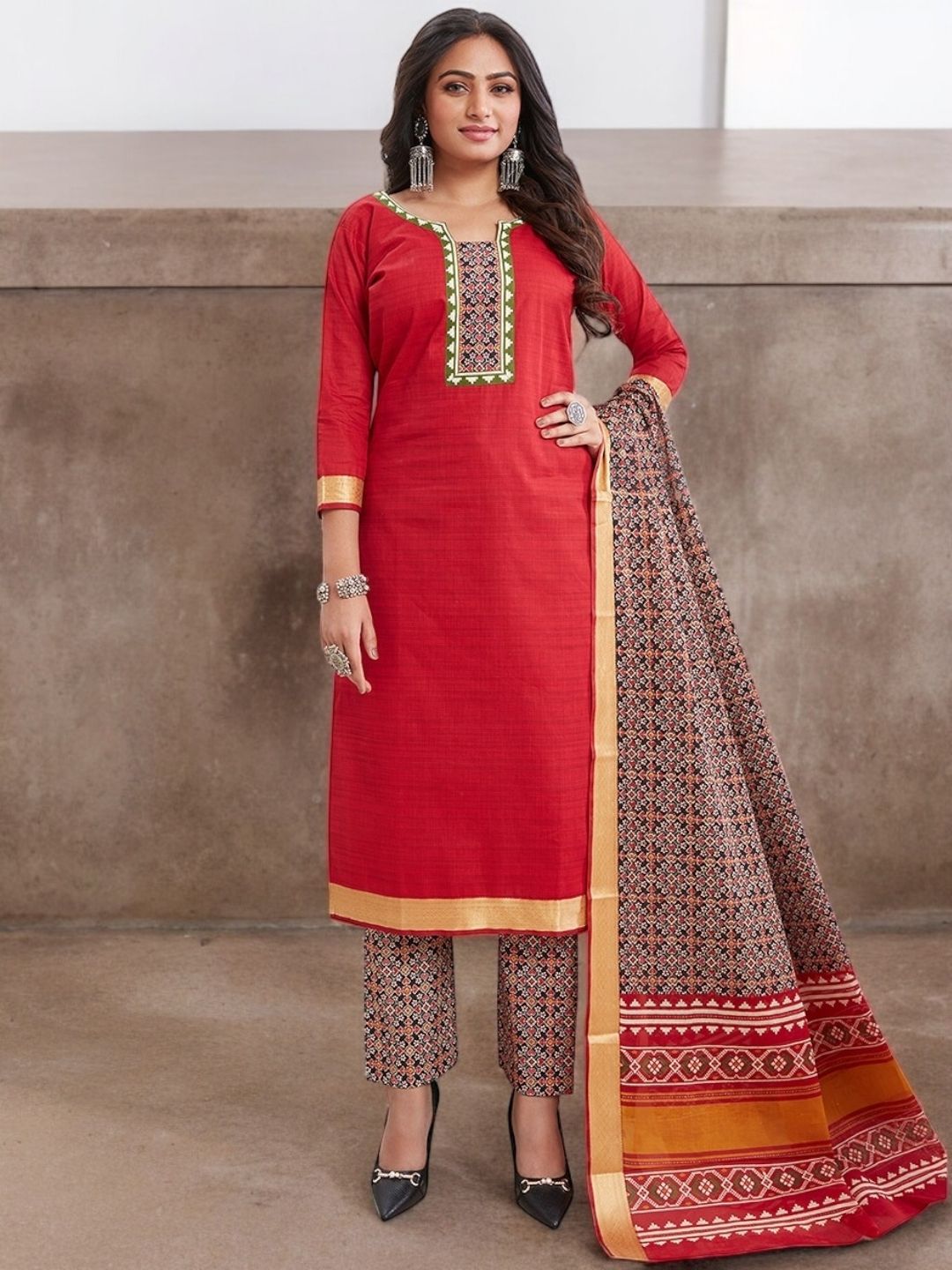 Red Kurta, Salwar & Dupatta Set | Printed