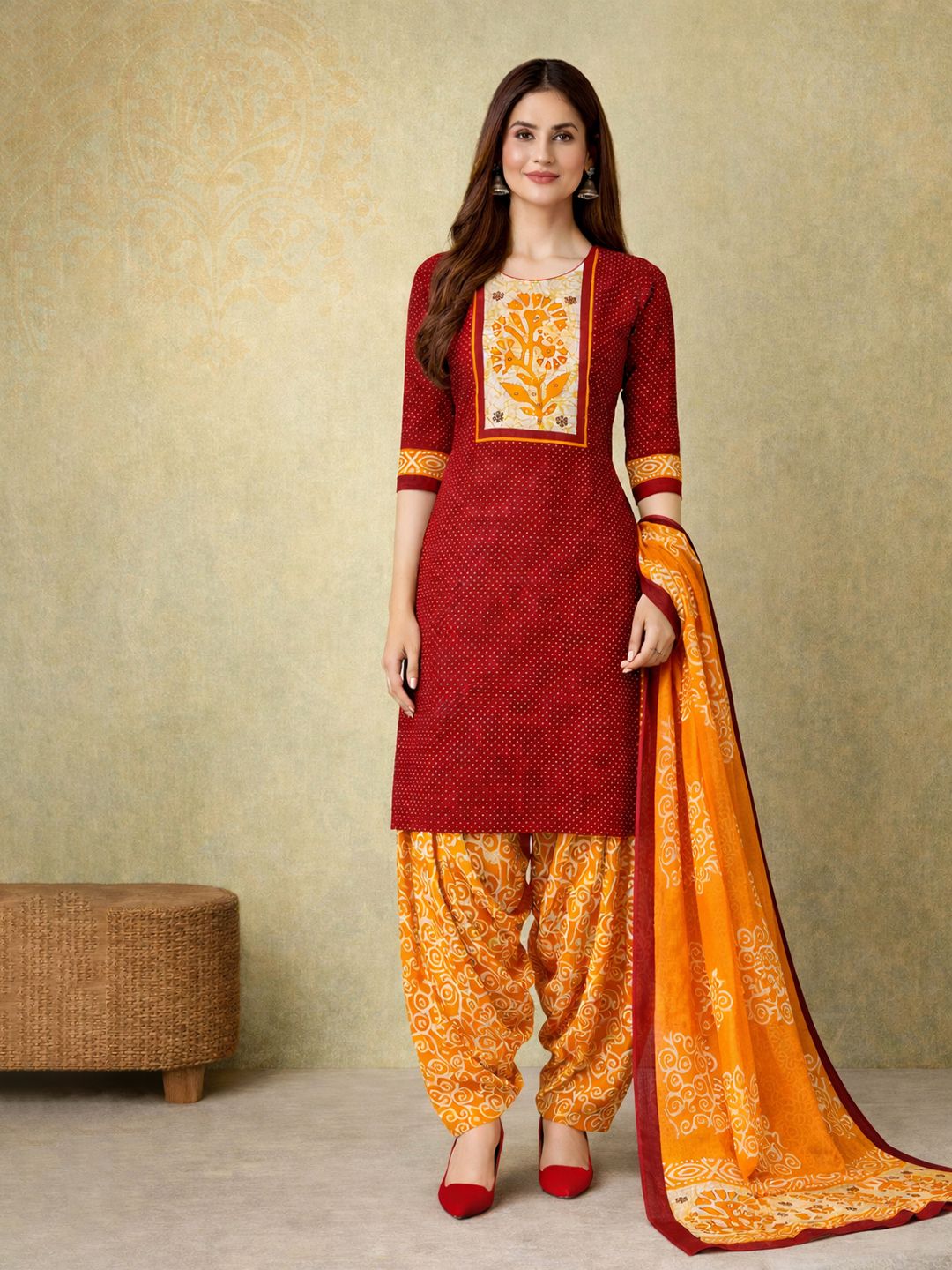 Red Kurta, Patiala & Dupatta Set | Polka Print