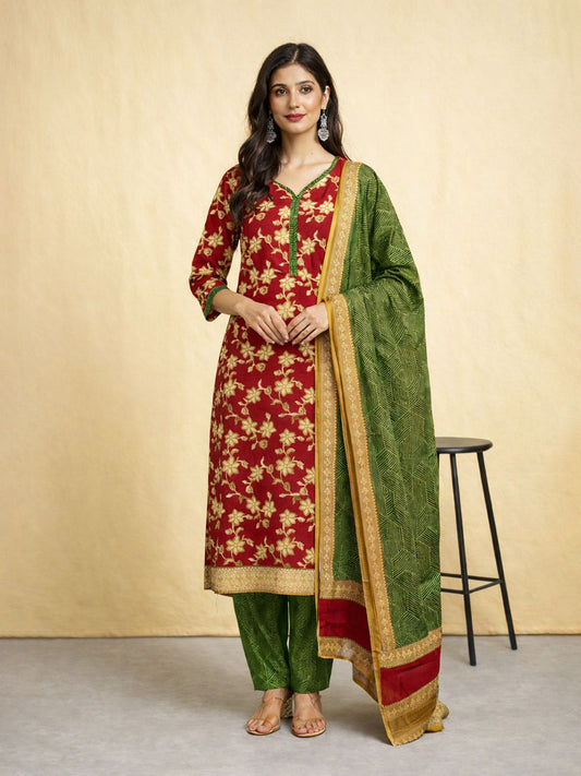 Red Kurta, Patiala & Dupatta Set | Floral Print
