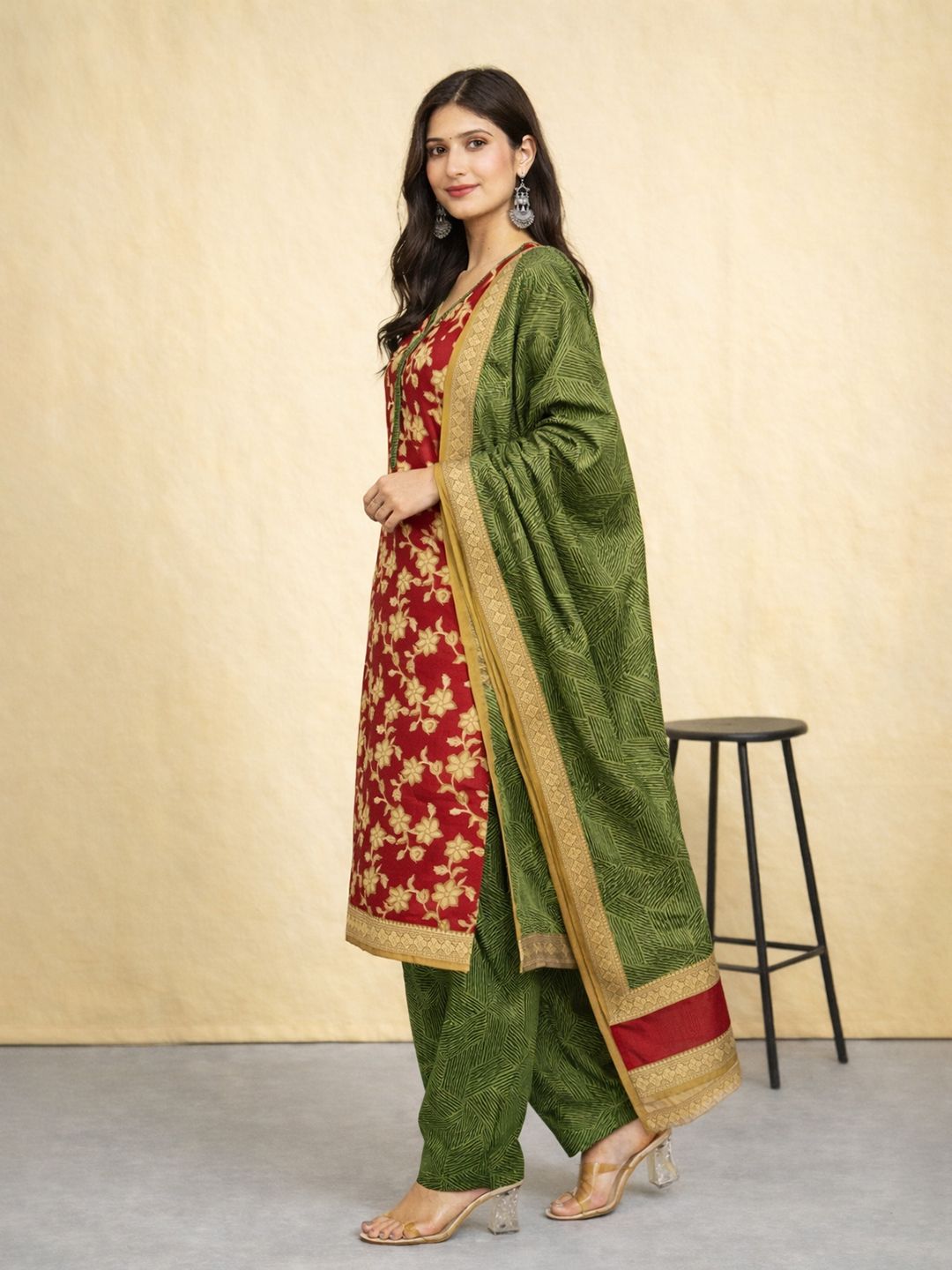 Red Kurta, Patiala & Dupatta Set | Floral Print