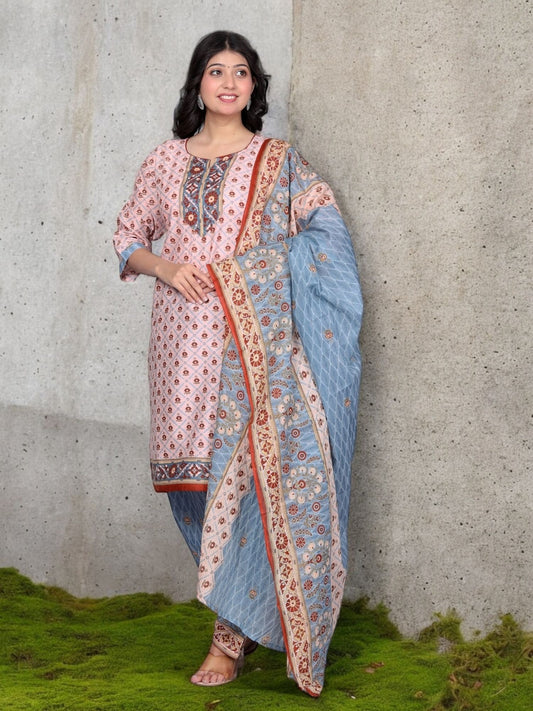 Beige Kurta, Patiala & Dupatta Set | Printed