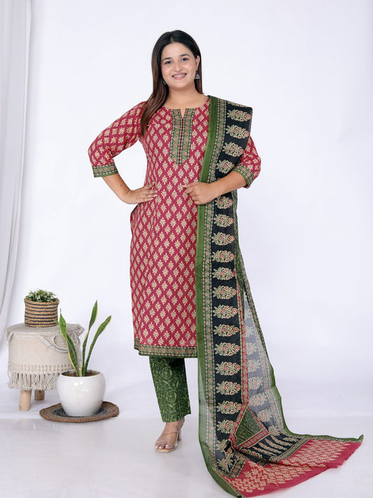 Red Kurta, Trouser/Pant & Dupatta Set | Printed