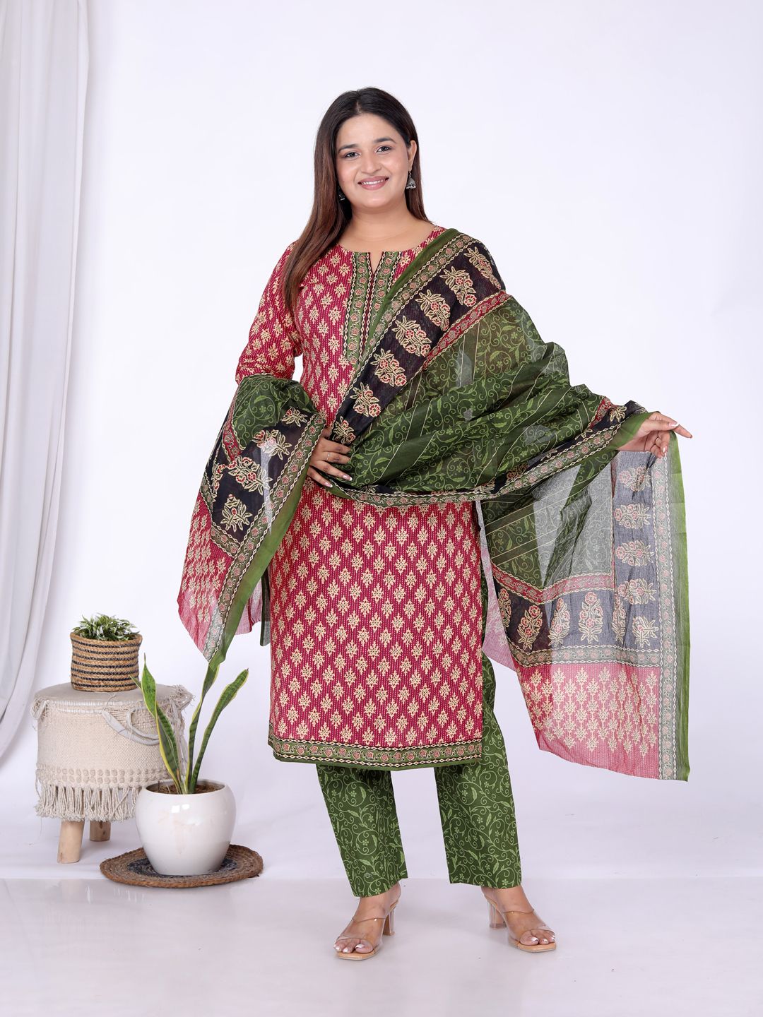Red Kurta, Trouser/Pant & Dupatta Set | Printed